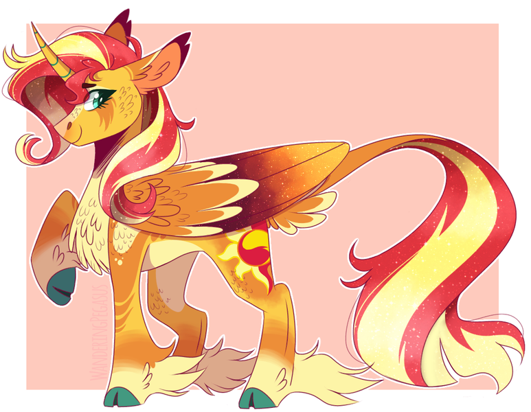 Size: 1168x907 | Tagged: safe, artist:wanderingpegasus, derpibooru import, sunset shimmer, alicorn, pony, alicornified, alternate hairstyle, chest fluff, curved horn, cute, ear fluff, female, horn, image, leg fluff, leonine tail, mare, markings, png, race swap, raised hoof, redesign, shimmerbetes, shimmercorn, smiling, solo, sunset shimmer day, unshorn fetlocks
