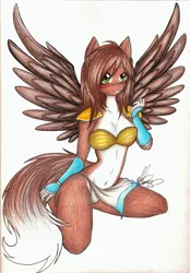 Size: 893x1280 | Tagged: suggestive, artist:bunnywhiskerz, derpibooru import, oc, unofficial characters only, anthro, pegasus, 2016, armor, blushing, bra, breasts, clothes, commission, female, image, jpeg, kneeling, loincloth, looking at you, pale belly, simple background, solo, solo female, spread wings, tail, traditional art, unconvincing armor, underwear, white background, wings