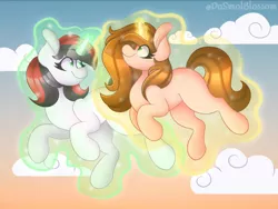 Size: 1062x800 | Tagged: safe, artist:dasmolblossom, derpibooru import, oc, oc:lanaia, oc:listfia, unofficial characters only, unicorn, blank flank, cloud, eyelashes, female, flight, gradient background, horn, image, levitation, looking up, magic, magic aura, png, self-levitation, siblings, sisters, sky, smiling, telekinesis, twins, two toned mane, two toned tail, watermark