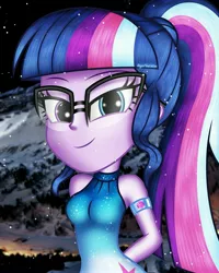 Size: 2000x2500 | Tagged: safe, alternate version, artist:aryatheeditor, derpibooru import, sci-twi, twilight sparkle, equestria girls, accessories, bare shoulders, beautiful, bedroom eyes, breasts, bust, clothes, cutie mark, digital art, dress, element of magic, female, geode of telekinesis, glasses, heterochromia, image, jewelry, jpeg, looking at you, looking down, looking down at you, magical geodes, mountain, nerd, night, outfit, pendant, photo, powerful sparkle, sleeveless, sleeveless turtleneck, snow, snowflake, solo, winter
