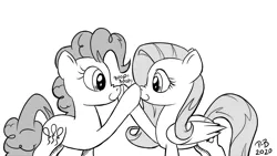 Size: 1200x675 | Tagged: safe, artist:pony-berserker, derpibooru import, fluttershy, pinkie pie, earth pony, pegasus, pony, boop, cute, double boop, female, image, mare, monochrome, mutual booping, nose wrinkle, png, pony-berserker's twitter sketches, smiling, stippling