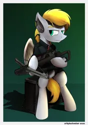 Size: 1348x1920 | Tagged: safe, artist:buckweiser, derpibooru import, oc, oc:cutting chipset, pegasus, augmented, bipedal, cables, computer, crossbow, cybernetic eyes, image, jpeg, looking to side, raised eyebrow, sierra nevada, sitting, solo, weapon