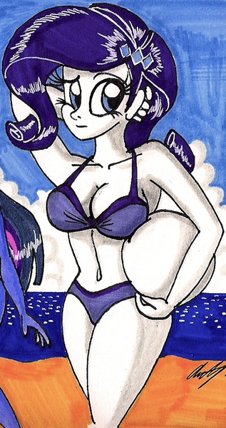 Size: 920x1739 | Tagged: suggestive, artist:newyorkx3, derpibooru import, edit, rarity, twilight sparkle, equestria girls, ball, beach, beach babe, belly button, bikini, bikini babe, breasts, busty rarity, cleavage, clothes, cropped, female, image, png, solo focus, swimsuit, traditional art
