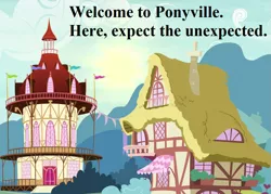 Size: 945x675 | Tagged: safe, derpibooru import, edit, edited screencap, screencap, castle sweet castle, cropped, house, image, no pony, png, ponyville, text, town hall