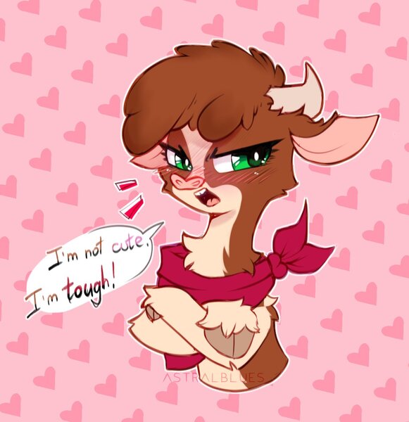 Size: 1128x1164 | Tagged: safe, artist:astralblues, derpibooru import, arizona cow, cow, them's fightin' herds, abstract background, angry, arizona cow is not amused, arizonadorable, bandana, blushing, chest fluff, cloven hooves, community related, crossed hooves, cute, dialogue, ear fluff, female, heart, hoof fluff, image, i'm not cute, jpeg, open mouth, shy, solo, speech bubble
