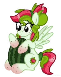Size: 1536x1928 | Tagged: safe, artist:sjart117, derpibooru import, oc, oc:watermelana, unofficial characters only, pegasus, pony, female, food, freckles, gradient hooves, holding, image, insecure, looking down, mare, png, simple background, sitting, solo, transparent background, watermelon, worried