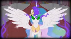 Size: 900x497 | Tagged: safe, artist:arkkukakku112, derpibooru import, screencap, princess celestia, alicorn, pony, the crystal empire, dark magic, female, framed picture, glowing eyes, glowing horn, horn, image, jewelry, jpeg, magic, magic fire, mare, peytral, solo, sombra eyes, sparkles, spread wings, tiara, wings