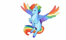 Size: 1440x890 | Tagged: safe, artist:silentwolf-oficial, derpibooru import, rainbow dash, pegasus, pony, alternate design, colored hooves, colored wings, colored wingtips, female, flying, image, jpeg, mare, multicolored wings, rainbow wings, simple background, solo, white background, wings
