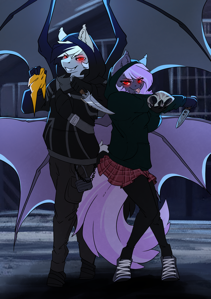 Size: 2481x3507 | Tagged: safe, artist:arctic-fox, derpibooru import, oc, oc:sak, oc:stormdancer, anthro, bat pony, anthro oc, bat pony oc, bat wings, blade, clothes, crossover, dead by daylight, edgy, edgy as fuck, glowing eyes, image, killer, killer instinct, knife, legion, mask, png, sakancer, the legion, wings