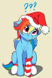 Size: 2056x3064 | Tagged: safe, artist:alcor, derpibooru import, rainbow dash, pegasus, pony, alcor is trying to murder us, behaving like a dog, cheek fluff, chest fluff, christmas, clothes, confused, cute, dashabetes, female, floppy ears, fluffy, hat, head tilt, holiday, image, leg fluff, looking up, mare, png, question mark, santa hat, shoulder fluff, simple background, sitting, socks, solo, striped socks, tan background, wing fluff