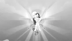 Size: 1280x720 | Tagged: safe, derpibooru import, edit, edited screencap, screencap, rarity, sonic rainboom (episode), crepuscular rays, desaturated, eyes closed, flying, glimmer wings, hard hat, image, png, solo, sun, weather factory uniform, wings