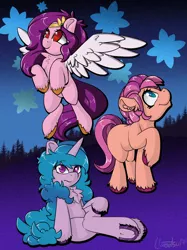 Size: 1662x2220 | Tagged: safe, artist:llametsul, derpibooru import, izzy moonbow, pipp petals, sunny starscout, earth pony, pegasus, pony, unicorn, ear fluff, female, flying, g5, image, looking at you, looking up, mare, one hoof raised, png, raised hoof, sitting, smiling, trio, underhoof, unshorn fetlocks, wings