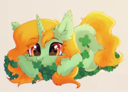 Size: 1500x1074 | Tagged: safe, artist:astralblues, derpibooru import, oc, unofficial characters only, pony, unicorn, clover, cute, ear fluff, fluffy, hoof fluff, image, jpeg, leg fluff, lying down, orange eyes, solo