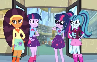 Size: 12000x7670 | Tagged: artist needed, safe, derpibooru import, edit, saffron masala, sci-twi, sonata dusk, twilight sparkle, equestria girls, date, double date, female, image, jpeg, lesbian, library, sci-twinata, shipping, twiffron, twinata, twolight