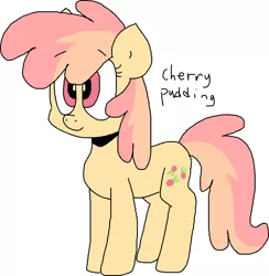 Size: 855x877 | Tagged: safe, artist:spritecranbirdie, derpibooru import, oc, oc:cherry pudding, unofficial characters only, earth pony, pony, background pony, cherry, cutie mark, female, food, image, png, simple background, solo, two toned mane, two toned tail, white background