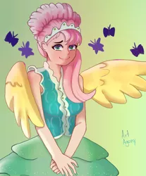 Size: 1280x1543 | Tagged: safe, artist:dailyagony, derpibooru import, fluttershy, human, clothes, dress, female, humanized, image, jewelry, jpeg, looking at you, modelshy, solo, tiara, winged humanization, wings