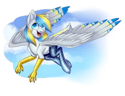 Size: 3000x2300 | Tagged: safe, artist:helemaranth, derpibooru import, oc, oc:cirrus sky, unofficial characters only, hippogriff, flying, hippogriff oc, image, male, open mouth, png, simple background, smiling, solo, transparent background