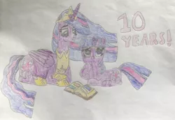 Size: 1526x1051 | Tagged: safe, artist:myoozik, derpibooru import, princess twilight 2.0, twilight sparkle, twilight sparkle (alicorn), alicorn, pony, unicorn, the last problem, anniversary, anniversary art, book, book of harmony, clothes, crossed hooves, crown, cutie mark, derpibooru exclusive, ethereal mane, ethereal tail, female, folded wings, happy birthday mlp:fim, hoof on chin, hoof shoes, horn, image, jewelry, jpeg, looking up, mare, mlp fim's tenth anniversary, older, older twilight, open book, pages, photo, purple eyes, regalia, self ponidox, shoes, sitting, smiling, tail, text, thinking, traditional art, unicorn twilight, wings