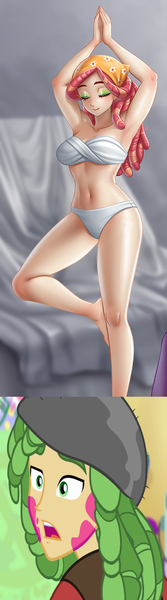 Size: 428x1535 | Tagged: suggestive, alternate version, artist:racoonsan, derpibooru import, edit, screencap, sandalwood, tree hugger, human, a banner day, equestria girls, armpits, bare shoulders, barefoot, bra, breasts, busty tree hugger, cleavage, clothes, crack shipping, cropped, eyes closed, eyeshadow, feet, female, hippie, human coloration, humanized, image, legs, makeup, male, model, modeling, painting, panties, png, pose, sexy, shipping, shipping domino, smiling, straight, studio, surprised, treewood, twist bandeau, underwear, white underwear