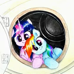 Size: 2322x2322 | Tagged: safe, artist:liaaqila, derpibooru import, rainbow dash, twilight sparkle, pony, behaving like a cat, commission, cute, dashabetes, female, image, jpeg, lesbian, shipping, traditional art, twiabetes, twidash, washing machine