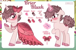 Size: 1500x998 | Tagged: safe, artist:jennieoo, derpibooru import, oc, oc:brier blush, butterfly, insect, pony, unicorn, clothes, dress, female, gala, gala dress, image, magic, mare, png, reference sheet, royal gala, show accurate, shy, solo, sparkles