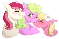 Size: 1280x858 | Tagged: safe, artist:primrosepaper, derpibooru import, daisy, flower wishes, lily, lily valley, roseluck, earth pony, pony, blushing, bust, female, flower trio, image, jpeg, lesbian, mare, nuzzling, shipping, simple background, trio, white background