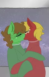 Size: 640x1009 | Tagged: safe, artist:forgottenchesire, derpibooru import, oc, oc:gadget, oc:peppermint tumble, earth pony, pegasus, pony, among us, among us au, base used, gay, image, jpeg, kissing, male, shipping