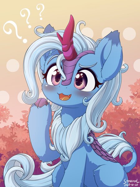 Size: 1500x2000 | Tagged: safe, artist:symbianl, derpibooru import, trixie, kirin, :3, blushing, confused, cute, cute little fangs, diatrixes, ear fluff, fangs, female, fluffy, hoof fluff, image, jpeg, kirin trixie, kirinified, leg fluff, looking at you, mare, open mouth, sitting, smiling, solo, species swap