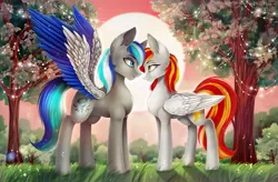 Size: 1280x839 | Tagged: safe, artist:das_leben, derpibooru import, oc, oc:diamond sun, oc:hawker hurricane, pegasus, pony, commission, female, grass, hawkmond, image, jpeg, love, male, mare, oc x oc, pegasus oc, romantic, shipping, spread wings, stallion, sun, sunset, tree, wings