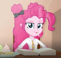 Size: 1142x1080 | Tagged: safe, artist:grapefruitface1, derpibooru import, pinkie pie, equestria girls, book, bow, cake, cigarette, clothes, cosplay, costume, food, image, looking at you, music video reference, nuts, png, queen (band), school uniform, smoking, table