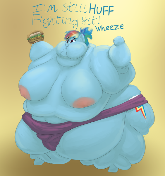 Size: 1832x1948 | Tagged: questionable, artist:lupin quill, derpibooru import, rainbow dash, anthro, unguligrade anthro, alternate hairstyle, areola, bbw, belly, big belly, big breasts, bingo wings, breasts, burger, busty rainbow dash, butt, cankles, chubby cheeks, dialogue, double chin, erect nipples, fat, fat boobs, fat fetish, feedee, female, fetish, flabby chest, flexing, food, grin, hairband, hay burger, huge belly, huge breasts, image, impossibly large belly, large butt, mawashi, morbidly obese, multichin, near immobile, neck roll, nipples, nudity, obese, panting, partial nudity, png, ponytail, rainblob dash, rolls of fat, saggy, simple background, smiling, solo, solo female, ssbbw, sumo, sumo wrestler, thighs, thunder thighs, triple chin