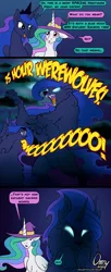 Size: 800x1963 | Tagged: safe, artist:omny87, derpibooru import, princess celestia, princess luna, alicorn, hybrid, werewolf, wolf, awoo, blue eyes, clothes, comic, dialogue, fangs, female, glow, glowing eyes, hat, horn, howl, image, owo, png, text, wings, witch hat