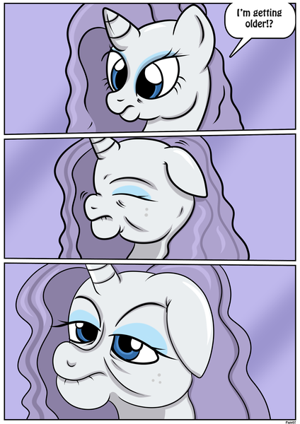 Size: 2480x3507 | Tagged: safe, artist:ltcolonelwhipper, artist:rex-equinox, derpibooru import, rarity, pony, unicorn, comic:coming of age, age progression, comic, commission, elderly, eyes closed, female, floppy ears, grey hair, high res, image, lidded eyes, liver spots, mare, old, older, older rarity, png, solo, speech bubble, story included, transformation, transformation sequence, wrinkles