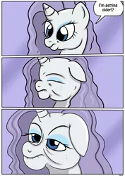 Size: 2480x3507 | Tagged: safe, artist:ltcolonelwhipper, artist:rex-equinox, derpibooru import, rarity, pony, unicorn, comic:coming of age, age progression, comic, commission, elderly, eyes closed, female, floppy ears, grey hair, high res, image, lidded eyes, liver spots, mare, old, older, older rarity, png, solo, speech bubble, story included, transformation, transformation sequence, wrinkles