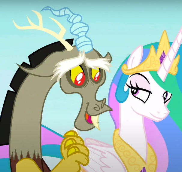 Size: 606x572 | Tagged: safe, derpibooru import, screencap, discord, princess celestia, alicorn, draconequus, pony, the ending of the end, amused, celestia is amused, cropped, cute, discute, duo, female, image, male, open mouth, png, puppy dog eyes