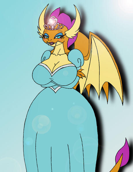 Size: 1024x1326 | Tagged: safe, artist:gh0stzr01, derpibooru import, smolder, anthro, dragon, bedroom eyes, big breasts, breasts, busty smolder, clothes, digital art, dragoness, dragon wings, dress, fangs, female, horn, image, jewelry, jpeg, lizard breasts, looking at you, makeup, princess smolder, simple background, smolder also dresses in style, solo, tail, tiara, wide hips, wings