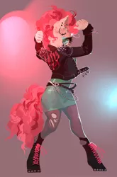 Size: 1426x2160 | Tagged: safe, artist:yanisfucker, derpibooru import, pinkie pie, anthro, unguligrade anthro, abstract background, clothes, ear piercing, earring, female, image, jacket, jewelry, jpeg, leggings, looking at you, piercing, punk, shoes, skirt, solo, torn clothes