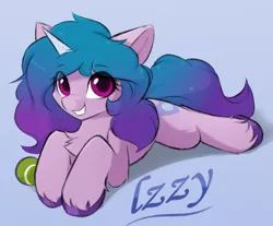 Size: 957x793 | Tagged: safe, artist:d.w.h.cn, derpibooru import, izzy moonbow, pony, unicorn, blue background, chest fluff, cute, female, g5, grin, image, izzy's tennis ball, izzybetes, looking at you, mare, png, simple background, smiling, solo, teeth, tennis ball, text, unshorn fetlocks