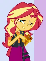 Size: 407x543 | Tagged: safe, derpibooru import, screencap, sunset shimmer, a fine line, equestria girls, equestria girls series, cropped, female, geode of empathy, image, magical geodes, one eye closed, phone, png, solo