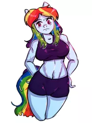 Size: 3000x4000 | Tagged: safe, artist:0blackster, derpibooru import, rainbow dash, anthro, belly button, breasts, busty rainbow dash, image, png, simple background, solo, white background