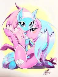 Size: 1547x2048 | Tagged: safe, artist:025aki, derpibooru import, aloe, lotus blossom, earth pony, pony, blushing, female, image, jpeg, looking at you, mare, spa twins, traditional art