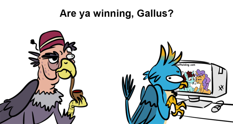 Size: 1000x532 | Tagged: safe, artist:velgarn, derpibooru import, gallus, grampa gruff, pretzel twist, say cheese, gryphon, pony, unicorn, are ya winning, computer, desk, embarrassed, female, fez, funny, hat, holding hooves, hoof hold, image, internet, lewd, male, mare, monitor, mousepad, panting, pipe, png, scared, silly, simple background, smoking, white background