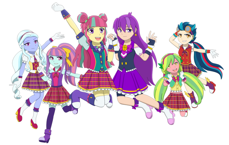 Size: 2560x1620 | Tagged: safe, artist:fantasygerard2000, derpibooru import, indigo zap, lemon zest, sour sweet, sugarcoat, sunny flare, oc, oc:magus eveningstar, equestria girls, friendship games, boots, bow, clothes, dress, ear piercing, earring, female, gloves, goggles, hair bun, headphones, image, jewelry, piercing, png, ponytail, ribbon, shadow five, shadowbolts, shoes, simple background, skirt, socks, stockings, thigh highs, transparent background