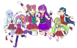 Size: 2560x1620 | Tagged: safe, artist:fantasygerard2000, derpibooru import, indigo zap, lemon zest, sour sweet, sugarcoat, sunny flare, oc, oc:magus eveningstar, equestria girls, friendship games, boots, bow, clothes, dress, ear piercing, earring, female, gloves, goggles, hair bun, headphones, image, jewelry, piercing, png, ponytail, ribbon, shadow five, shadowbolts, shoes, simple background, skirt, socks, stockings, thigh highs, transparent background