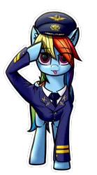 Size: 723x1302 | Tagged: safe, alternate version, artist:colourwave, derpibooru import, rainbow dash, pegasus, pony, :p, aeroflot logo, clothes, cute, female, hammer and sickle, image, looking at you, mlem, o7, pilot, png, salute, silly, simple background, solo, sticker, tongue out, transparent background, uniform