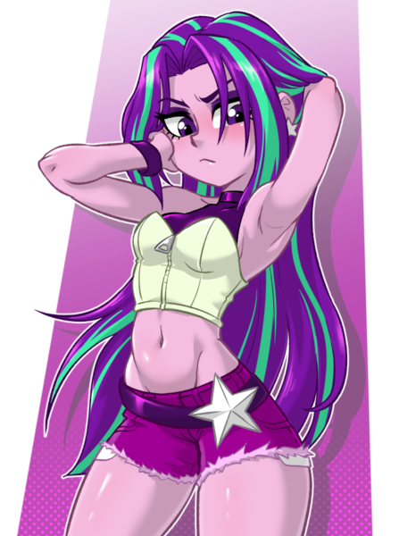 Size: 670x900 | Tagged: safe, artist:ta-na, derpibooru import, aria blaze, equestria girls, :<, abstract background, adonis belt, adorasexy, ariabetes, arm behind head, armpits, belly button, belt, blushing, booty shorts, bracelet, breasts, busty aria blaze, clothes, corset, cute, daisy dukes, ear piercing, eyelashes, eyeshadow, female, fit, frown, image, jewelry, large voluminous hair, looking at you, loose hair, makeup, midriff, piercing, png, pose, sexy, short shirt, shorts, sideboob, sleeveless, solo, stupid sexy aria blaze, thighs, wide hips