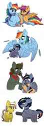Size: 750x2128 | Tagged: safe, artist:celestial-rainstorm, derpibooru import, rainbow dash, scootaloo, oc, oc:ash bark, oc:golden strings, oc:jet stream, pony, acoustic guitar, bowtie, colt, female, guitar, image, jpeg, lying down, male, mother and child, mother and son, musical instrument, offspring, parent:diamond tiara, parent:pipsqueak, parent:rainbow dash, parent:soarin', parents:piptiara, parents:soarindash, preggo dash, pregnant, prone, simple background, white background