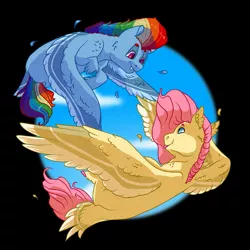 Size: 1900x1900 | Tagged: safe, artist:datwhoolsumcartunist, derpibooru import, fluttershy, rainbow dash, pegasus, pony, female, flutterdash, flying, image, jpeg, lesbian, looking at each other, mare, shipping, tail feathers, tongue out