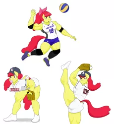 Size: 2904x3160 | Tagged: safe, artist:matchstickman, derpibooru import, apple bloom, anthro, earth pony, plantigrade anthro, apple brawn, baseball, clothes, female, high res, image, muscles, muscular female, png, shorts, simple background, solo, sports, volleyball, white background
