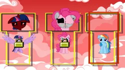 Size: 1280x720 | Tagged: safe, derpibooru import, pinkie pie, rainbow dash, twilight sparkle, twilight sparkle (alicorn), alicorn, earth pony, pegasus, pony, .exe, character select, dead, image, jpeg, locked, no eyes, red eyes, red sky, sadness, smiling, sonic.exe, stitches